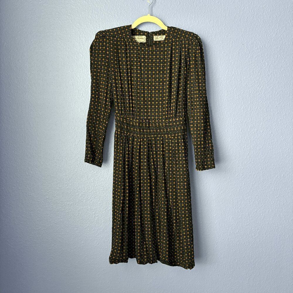 Vintage Karin Stevens Petite Long Sleeve Dress Smocked Waist Cuffed Pleated 4P
